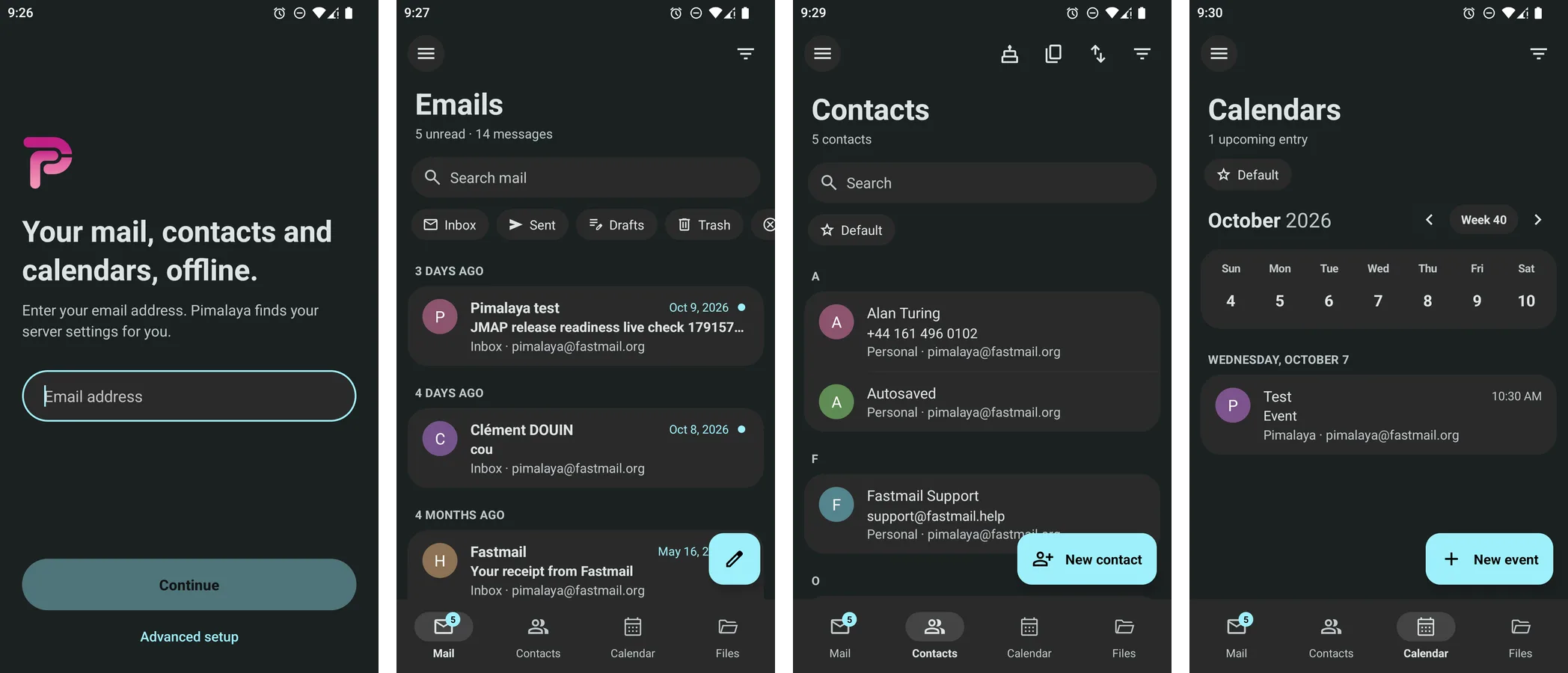The setup, the mail list, the contacts and the calendars of Pimalaya for Android